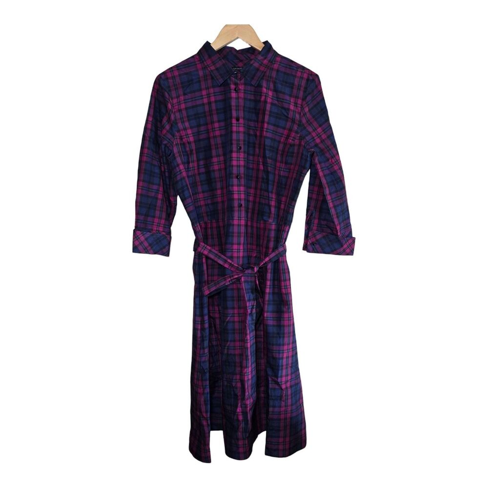 Talbots Womens 14 Silk Cotton Plaid Shirt Dress Magenta Blue Belted Pleated Midi